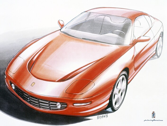 Vers 1995, le designer Ken Okuyama, chez Pininfarina, imagine comment restyler la 456, imaginant un avant nettement moins pur.