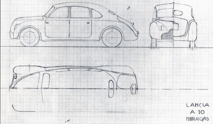 Les premières ébauche de la Lancia LP01 remontent à février 1945, et il s'agissait d'une berline.