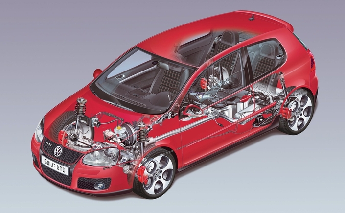 Pas de pivots découplés pour la VW Golf V GTI mais un très bel essieu arrière multibras, bien plus raffiné que le pont de torsion équipant sa rivale française.