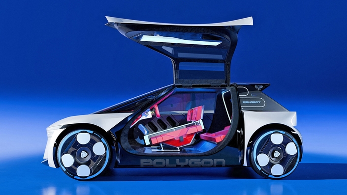 L’étude de style Peugeot Polygon donne des indications sur la future Peugeot 208 qui devrait être dévoilée sous la forme d’un show-car (proche du modèle de production) au Mondial de l’auto 2026 et commercialisée en 2027. Il faut bien sûr mettre de côté les extravagantes « portes papillons » et le mobilier de l’habitacle tout aussi extravagant.© Peugeot