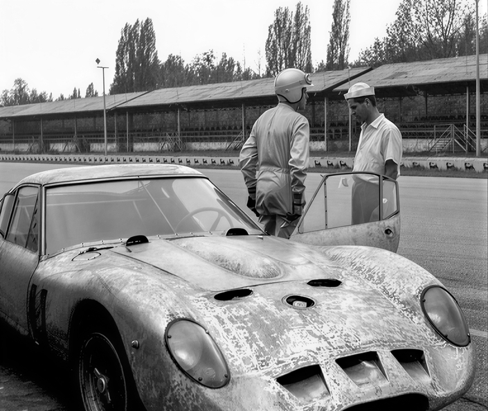 Giotto Bizzarrini, à droite, en 1961, lors de l'élaboration de la Ferrari 250 GTO qu'il n'aura pas le temps de finir. Photo : bizzarrini.com.