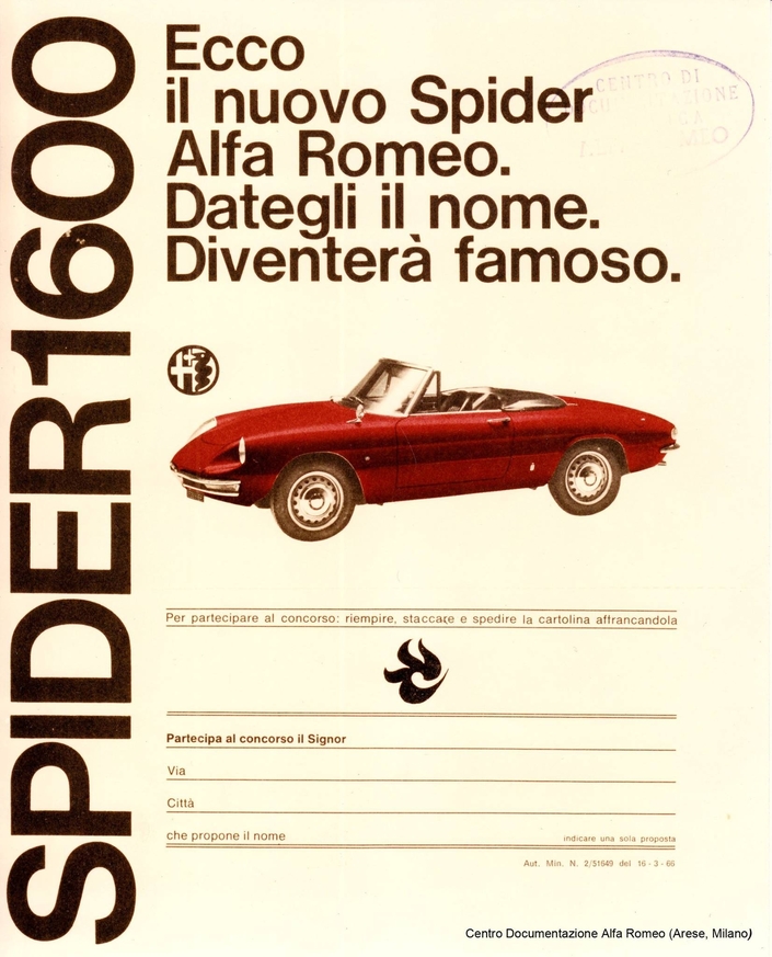 L'affiche du concours où Alfa demande au grand public de trouver un nom à son nouveau spider...