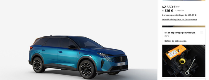 Sur la Peugeot 5008 GT, facturée 42 560 € minimum, le kit crevaison reste une option à 20€. Il n'est fourni d'office que sur la version GT Exclusive à 44 520 €.