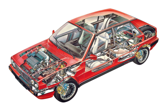 Transmission intégrale, différentiel Torsen, 2,0 l turbo : la Delta Integrale reste proche de la 4WD, mais elle gagne des trains roulants élargis et une puissance portée à 185 ch. Elle passera à 200 ch sur la 16V, visible ici.