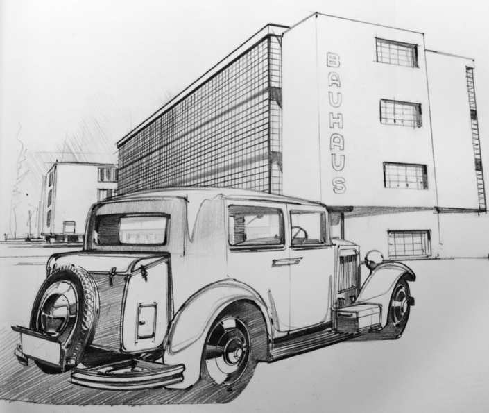 Le dessin de Laurent Negroni de l’Adler Standard 8 carrossée par Neuss d’après un projet de Gropius devant le bâtiment de Dessau.
