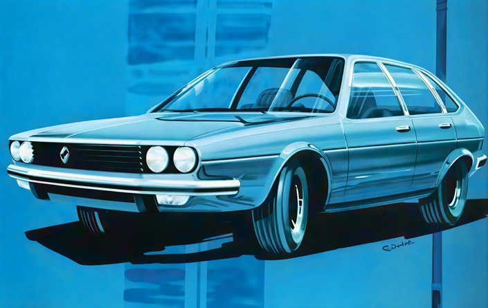 Fusion des projets 120 et R, le projet 127 sera celui qui débouchera sur le duo R20/R30. Ici, un dessin exécuté par Gaston Juchet, designer aussi brillant que discret. Image honteusement retravaillée par IA...