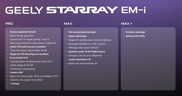 Les équipements du Starray selon les niveaux de finition.