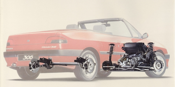 Le cabriolet Peugeot 306 conserve la mécanique et les trains roulants de la conduite intérieure, mais la structure est largement renforcée.