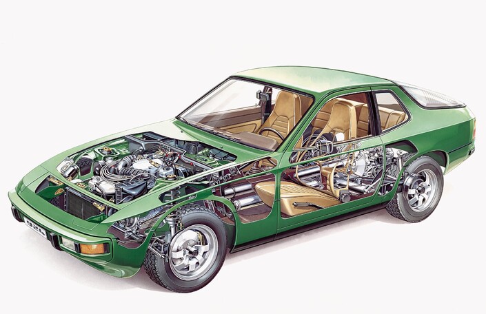 Tout comme l'Alfetta, la Porsche 924 repousse à l'arrière sa boîte de vitesses. Mais sa suspension est très différente, utilisant à l'avant des jambes de force issues de la... VW Coccinelle !