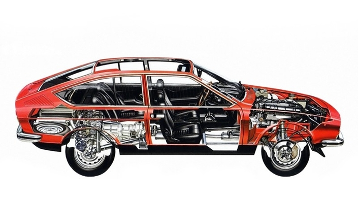 Sur cet éclaté, on voit bien le positionnement à l'arrière de la transmission sur l'Alfetta GT-GTV.