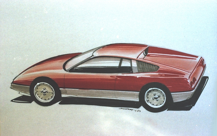 Un des dessins exécutés en 1983 par Gérard Godfroy alors designer chez Heuliez, et qui déboucheront sur la Venturi.