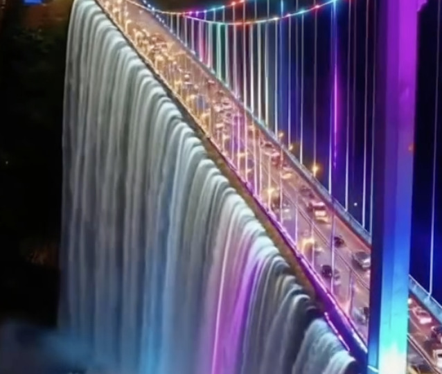 Ce rendu virtuel par IA imagine ce pont avec une installation musclée en matière d’illuminations.