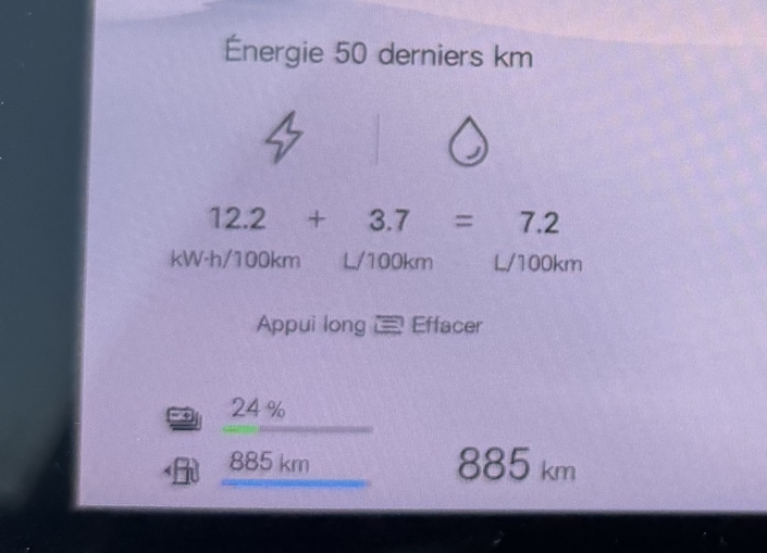 Notez les chiffres de consommation étranges affichés en permanence au tableau de bord du BYD Atto2 DM-i.