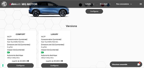 Capture d'écran du configurateur de MG