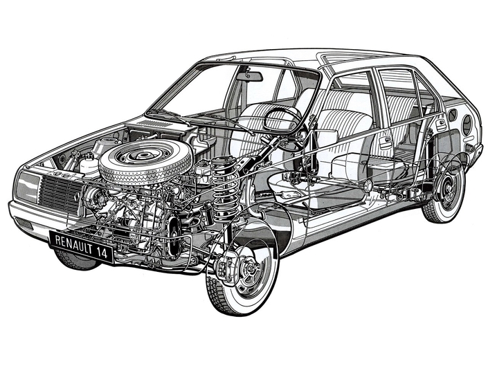 La 14 est la première Renault à s'équiper d'un moteur transversal. Dommage, le réseau de la marque le prendra en grippe car il est plus complexe que le bon vieux "Cléon Fonte".
