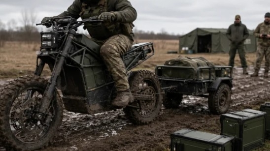 L'Ukraine déploie une étonnante moto militaire électrique 2x2 capable de recharger des drones en pleine mission et de rouler … sur les mines