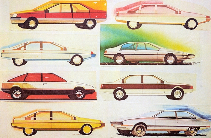 Bien des idées se sont affrontées en 1976 avant que Chrysler n'opte pour un prjet moderne mais sans âme pour la future Tagora. Certains dessins évoquent même la... Citroën BX.