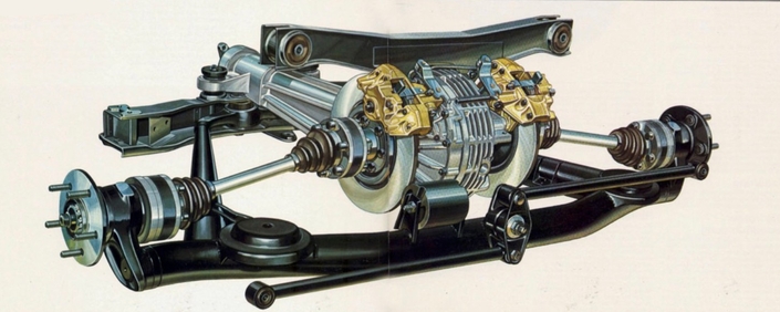 L'Alfa 6 conserve l'essieu arrière De Dion allié au parallélogramme de Watt comme dans l'Alfetta. Une solution encore dans le coup en 1979, d'autant que le différentiel est à glissement limité. Restent ces disques, peu accessibles...
