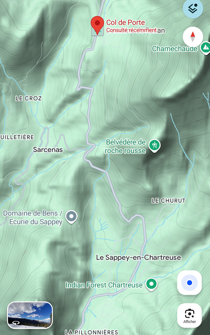 Route entre le Col de Porte et le Sappey en chartreuse ©Maps