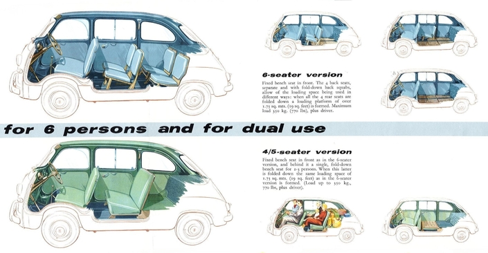 Ici, on voit toute la modularité de la Fiat 600 Multipla, passant de familiale de poche à véritable utilitaire, avec ses sièges qui se rabattent dans le plancher.