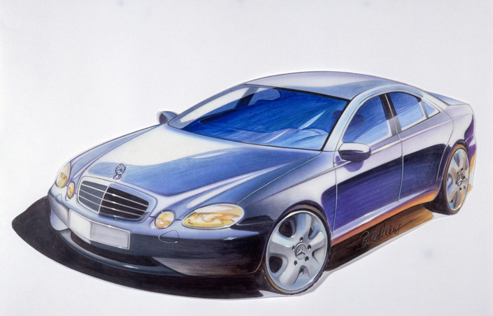 Beaucoup de sketchs ont été produits dans les années 90 pour déterminer le design de la Mercedes Classe E W211. D'emblée, la fluidité a été le maître-mot. Il y a un peu de CLS dans ce dessin !