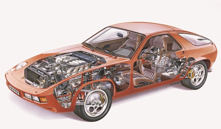 La Porsche 928 est une merveille de sophistication technique, donc une auto bien trop compliquée. La SM de Porsche en quelque sorte ! Notez la taille de la boîte à l'arrière.