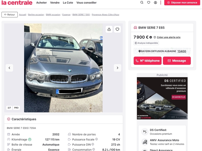 Une 735i 3.6 V8 272 ch, moins de 130 000 km, pour moins de 8 000 € (elle valait presque 90 000 € avec les options). Et on trouve facilement moins cher !