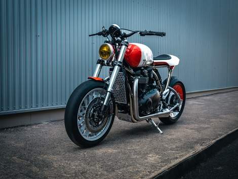 Gros plan sur la Triumph Speed Twin 1200 RS spécialement conçue par FCR Original pour le concours Triumph Originals 2025