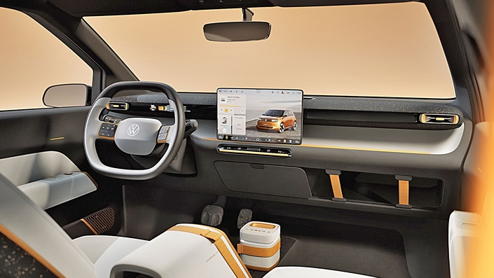 Tableau de bord épuré pour la future Volkswagen ID.1, c’est ce qui ressort des images 3D fournies par Volkswagen. On attendra de voir l’intérieur de l’auto de série pour avoir une idée plus précise de ce que va proposer VW pour son ID.1 d’entrée de gamme. © Volkswagen
