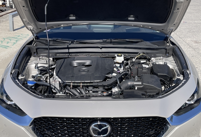 Pas de vérins pour soutenir le capot, mais un moteur bien présenté et surtout, des connexions électriques soigneusement protégées.