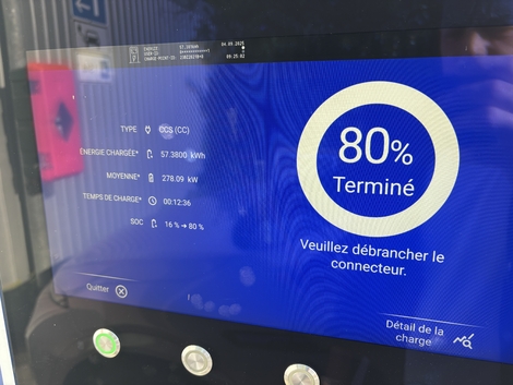 Le verdict est sans appel, le G6 a siphonné toute la puissance maxi de la borne durant la recharge avec une moyenne de 280 kW.