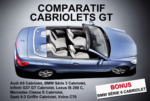 Cabriolets GT : Audi A5, BMW Série 3 et 6, Infiniti G37 GT, Lexus IS 250 C, Mercedes Classe E, Saab 9-3 Griffin, Volvo C70