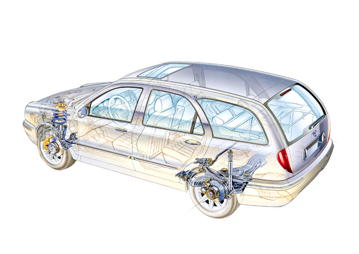 Lointaine dérivée de la Fiat Tipo, la Lancia Lybra bénéficie d'un train arrière multibras spécifique, plus compact que celui de l'Alfa 156.