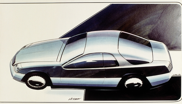 Ce sketche de la Mercedes C140 date de 1989. Les flancs lisses du modèle définitif sont déjà là, alors que la lunette panoramique annonce la CL C215 !