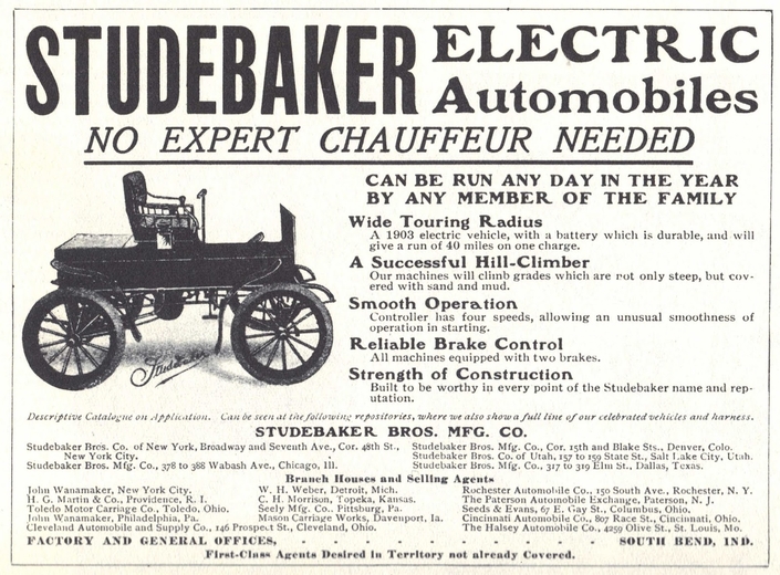 Publicité de 1903 vantant les performances et la fiabilité de la Stubebaker électrique. 64 km à l'époque, c'était une belle autonomie, les autos ne quittant alors guère les agglomérations.