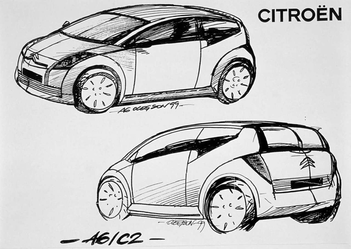 Ce sketch datant de 1999 préfigure précisément les lignes de la Citroën C2. Il est signé Oleg Son, qui travaille alors sous la supervision de Donato Coco.