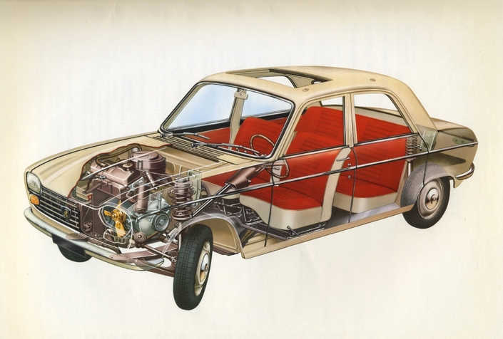 La grosse avancée de la Peugeot 204, c'est de concilier moteur transversal avant suspension à jambes de force, une solution qui sera adoptée par toutes les tractions.