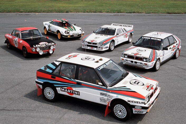 De gauche à droite : la Lancia Fulvia, la Stratos, la 037 et la Delta Intégrale.