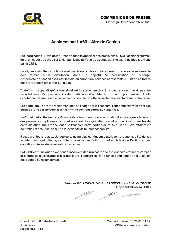 Communiqué de Coordination Rurale 33.