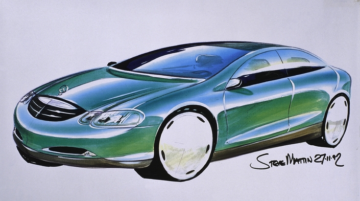 Cette esquisse de 1992 montre l'influence du bio-design lors de l'élaboration de la Mercedes Classe S W220, qui tournera le dos à l'allure massive et anguleuse de sa devancière W140. 