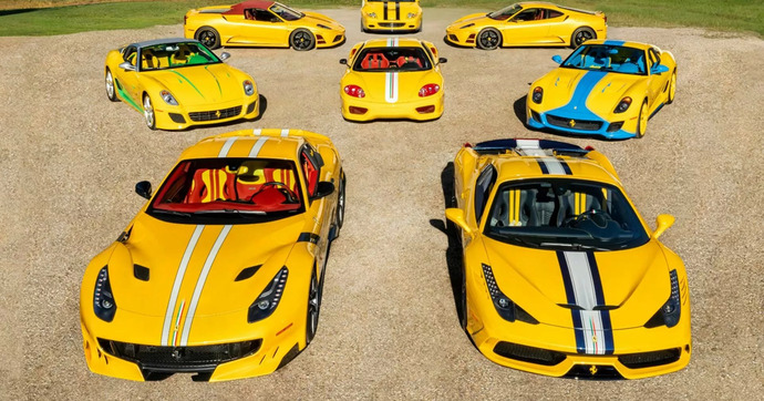 Une collection de Ferrari avec beaucoup de jaune